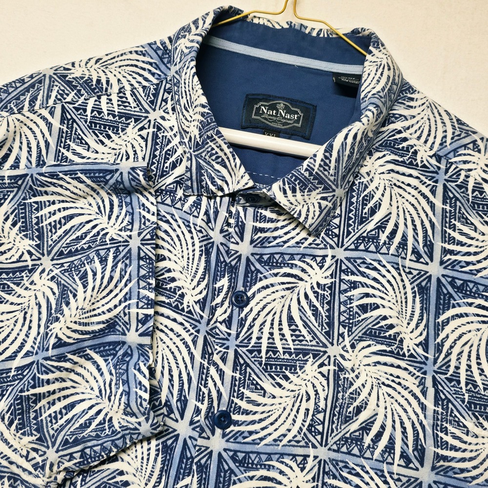 Nat Nast Button Down Shirt Mens XXL Blue Silk Cotton Palm Leaf Geometric Print